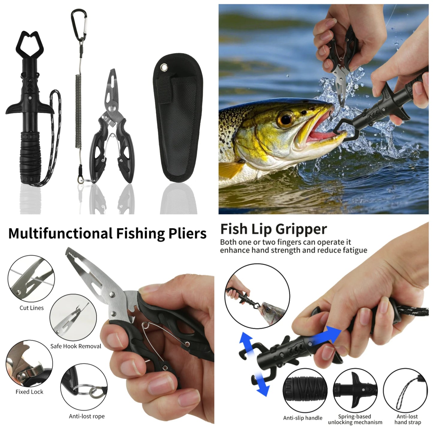 Angelwerkzeug-Set, Angelnetz mit Zange, Hakenlöser, Fischgreifer für Kajak, langlebig, zusammenklappbar, Angelzubehör, Männergeschenke