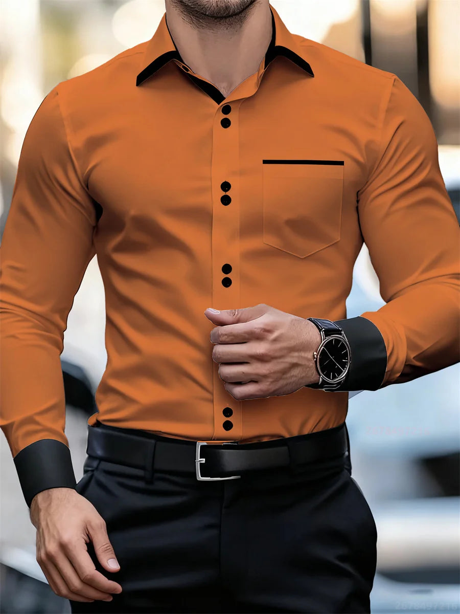 Chemise à manches longues et col color block pour hommes, coupe slim, infroissable, chemise patchwork noire et blanche, haut de mode pour hommes
