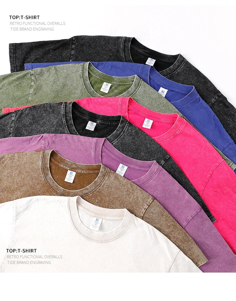 250gsm Men's Washed Vintage T-Shirts Street Hip Hop Retro Punk T Shirt Women Harajuku Casual Cotton Short Sleeve Acid Wash Tops
