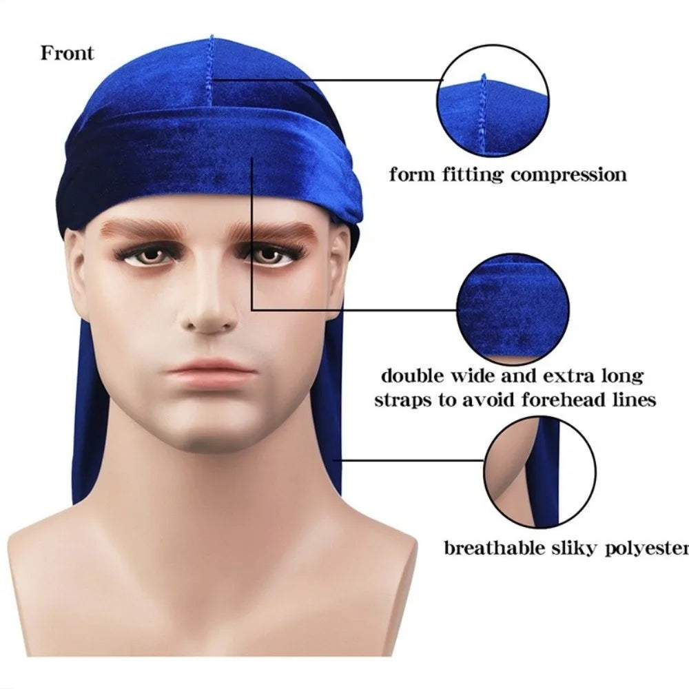 Nouveaux Durags en Velours Casquettes Longue Queue Chapeau Turban Respirant Bandeau Élastique Réglable Accessoires pour Cheveux