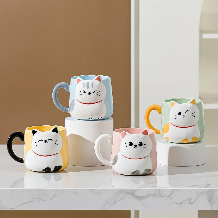 JUSTINLAU Tasse en céramique mignonne avec couvercle et cuillère, motif chat de dessin animé en relief, style japonais, tasse à café émaillée, tasse à thé en céramique