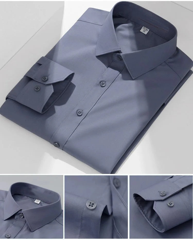 Chemise de Travail Blanche Homme en Fibre de Bambou Bleue 8XL Manches Longues Bureau Affaires Anti-rides Infroissable Décontractée