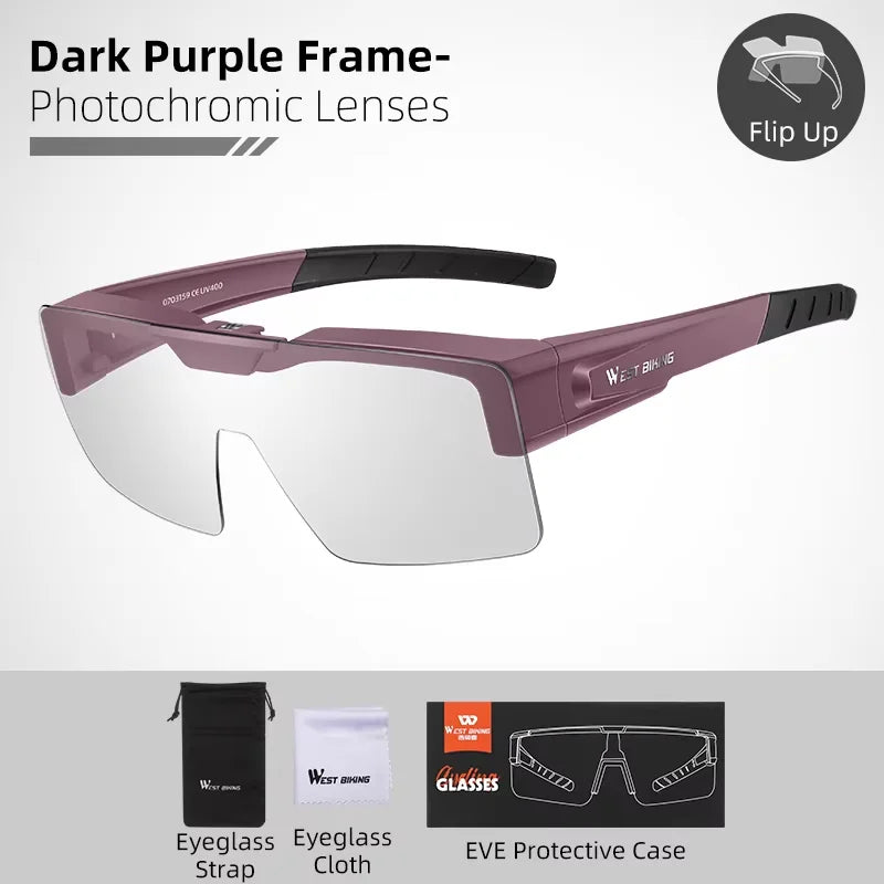 WEST BIKING Lunettes de cyclisme photochromiques Verres relevables Lunettes polarisées à clipser Pare-soleil VTT Vélo de route Lunettes de conduite de nuit