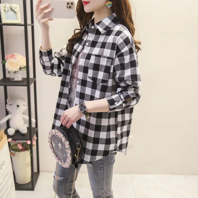 2024 Automne Nouvelle Chemise à Carreaux Ample pour Femme Marque Excellente Qualité Blouses et Hauts Design Décontracté Frais Chemises à Manches Longues pour Femme