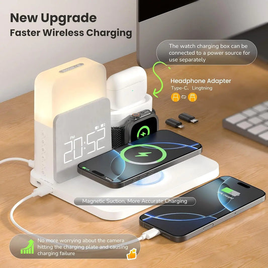 7-in-1 MagSafe Wecker-Ladegerät – Kabellose Ladestation für iPhone 12-16/Samsung/Xiaomi/Huawei/Apple Watch/AirPods mit Nachtlicht