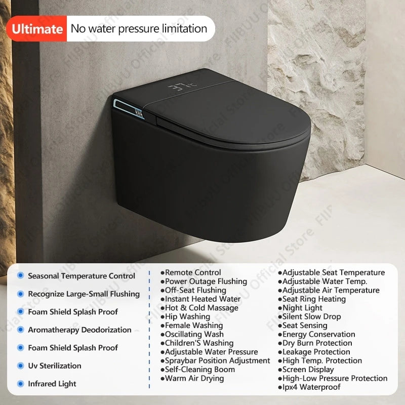 Schwarz/Grau/Weiß Ultimate Wand-WC Smart Toilet mit Bidet Eingebauter Wassertank Einteilige Langgezogene Toilette Warmwasser Beheizter Sitz
