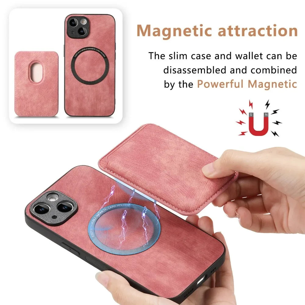 Vintage-Lederhülle mit abnehmbarem magnetischem Kartenhalter für iPhone 17 Air 16e 16 Pro Max 15 14 Plus 13 12 11