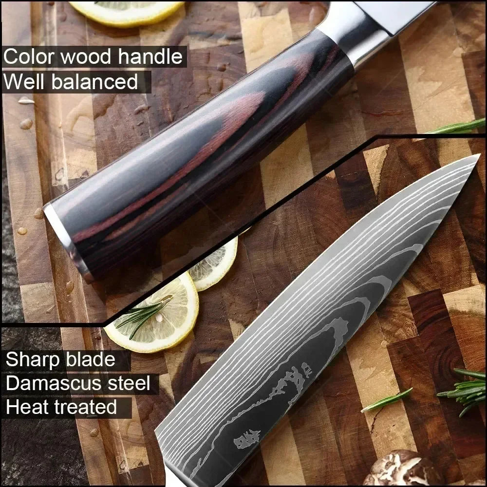 Couteau de Chef Damas Ensemble de Couteaux de Cuisine Professionnels Couteau à Désosser Couteau de Boucher Couteau Utilitaire Couteau Santoku Japonais avec Housse