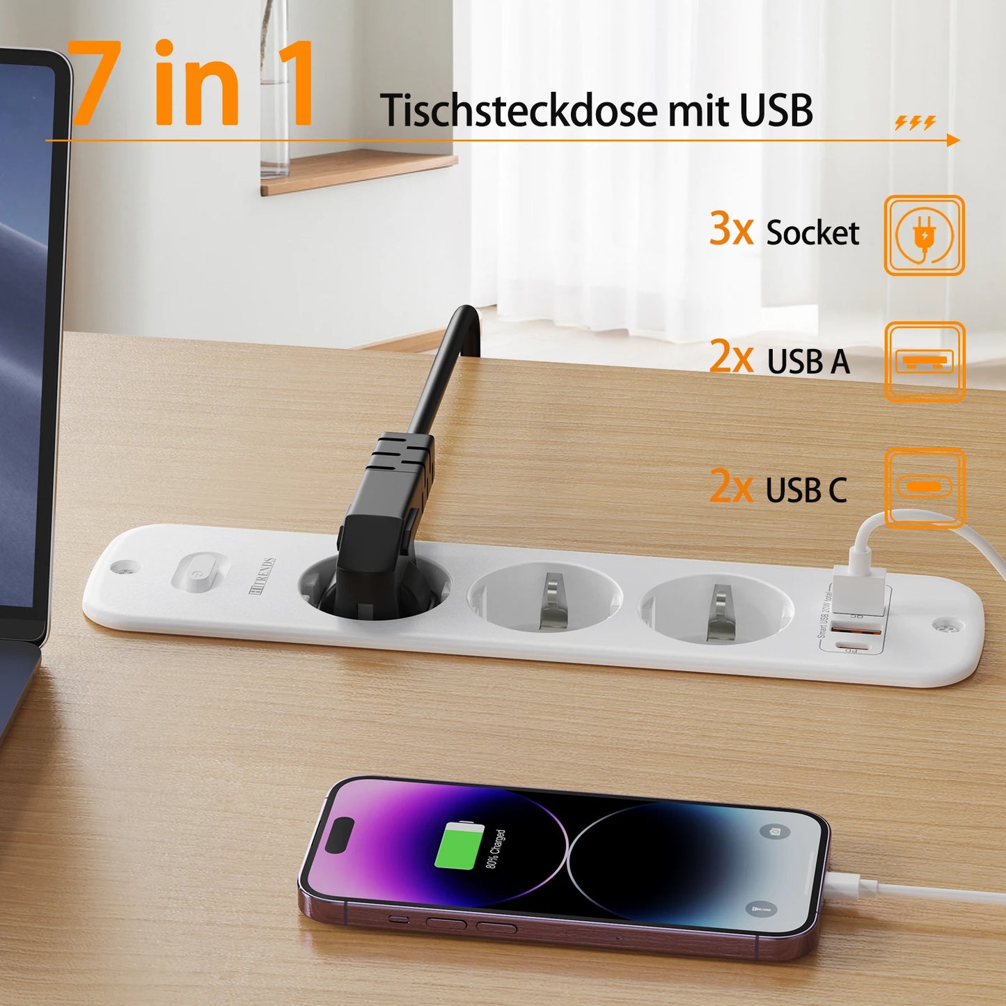 EU-Steckdosenleiste für den Schreibtisch, 3/4-fach + 4 USB-Smart-Schnellladeports, Hauptschalter, 2 Meter Feder-Verlängerungskabel