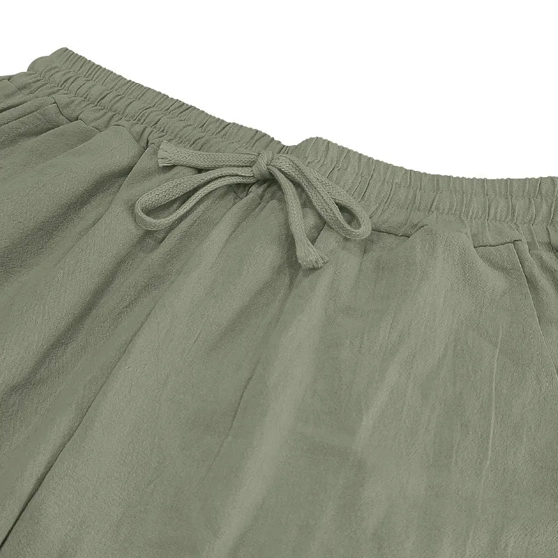 2024 neue Baumwoll-Leinen-Hose für Herren, große Größe, lässig, einfarbig, Schnürung