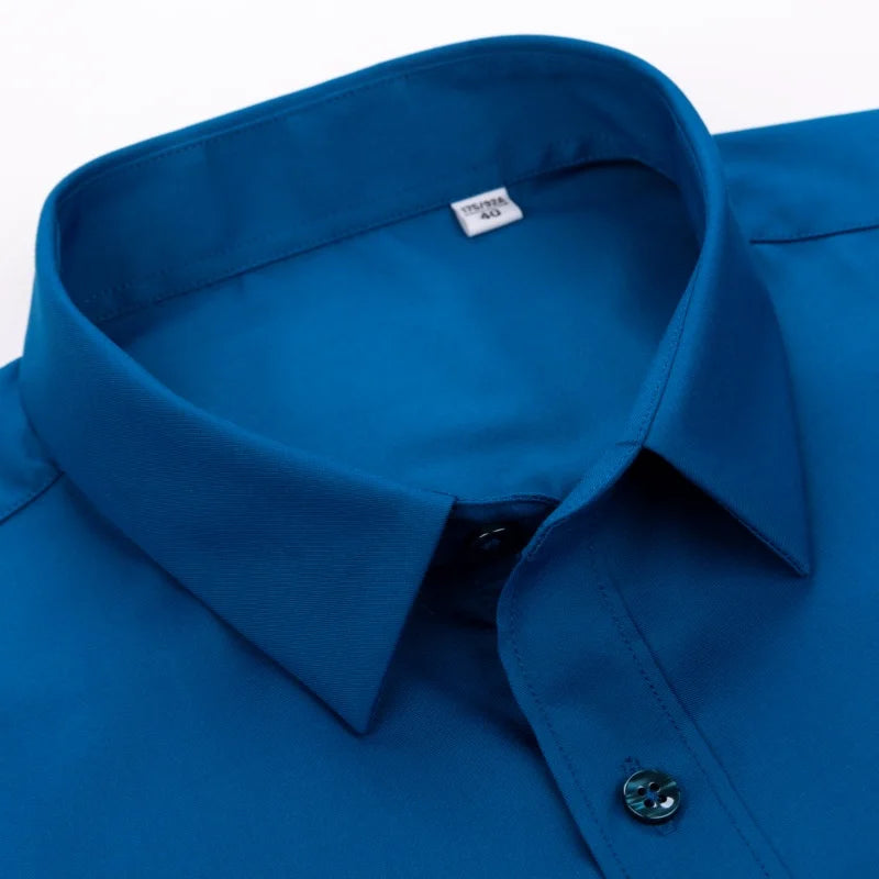 Chemise de Travail Blanche Homme en Fibre de Bambou Bleue 8XL Manches Longues Bureau Affaires Anti-rides Infroissable Décontractée