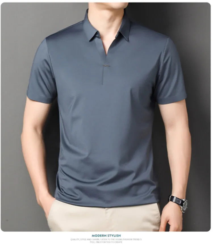 Polo 2024 de haute qualité, extensible et élastique, Chemise à manches courtes pour hommes, style décontracté, Col en V sans coutures, Polo pour hommes M-4XL