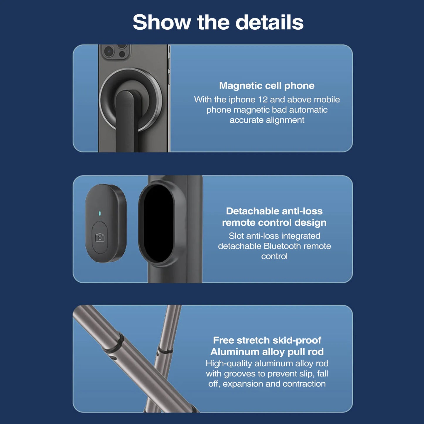 Tragbares magnetisches Selfie-Stick-Stativ für Magsafe iPhone 14 13 12 Handheld Stabilizer Stange mit Fernbedienung für Samsung