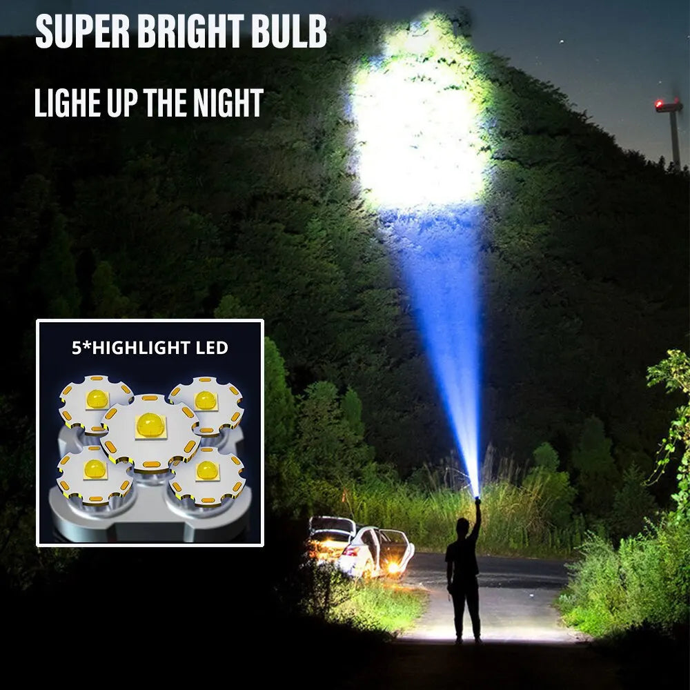 Lampe de Poche LED Haute Puissance 5 LED, Projecteur de Camping Rechargeable avec Lumière Latérale 3 Modes d'Éclairage pour Aventure en Camping en Plein Air