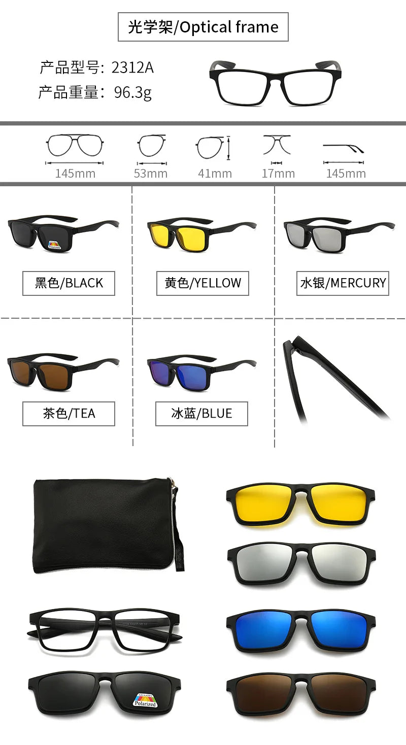 6 In 1 Polarized Sunglasses Men Women Magnetic Clip On Glasses TR90 Optical Prescription Eyeglass Frames Magnet Clips