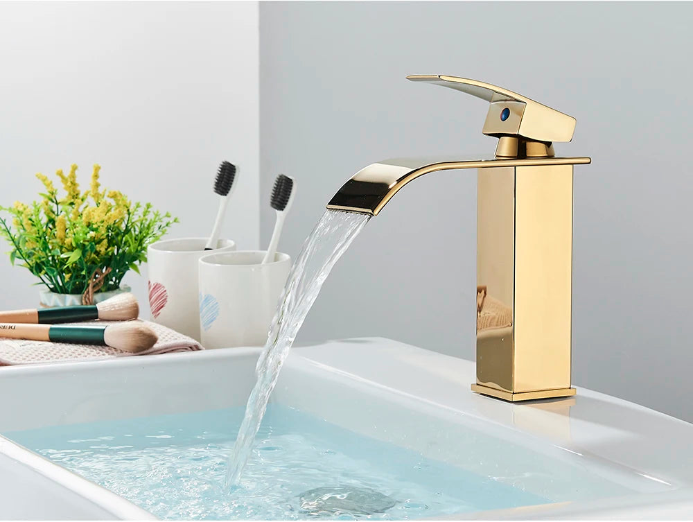 Robinet de Lavabo Doré Brossé, Élégant Robinet Cascade pour Salle de Bain, Mitigeur Monocommande en Laiton à Fixation sur Plan