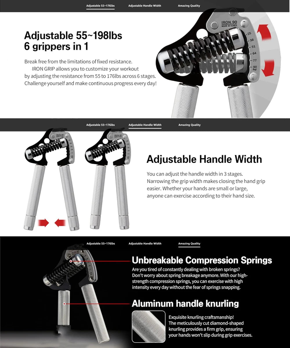 Iron Grip Adjustable Hand Gripper Strengthener Grip Strength Trainer Hand Grip Exerciser Wrist Strengtheners Silent Durable