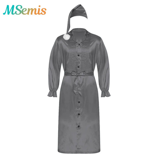 Mens Sissy Pajamas Satiny Nightwear Nightgown with Sleeping Hat Long Sleeve Ruffled Cuffs Pleated Chest Robe with Belt Vintage