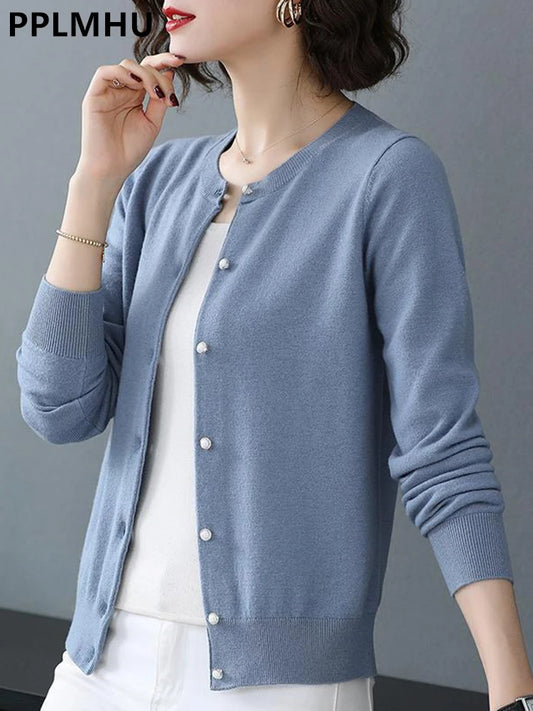 Frühling Herbst Schlanke Strickjacke Frauen Freizeit Koreanische Pullover Mäntel Rundhals-Strickwaren Weste Basic Einreihige Strickwaren Oberteile