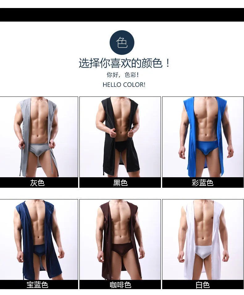 Sexy Nachtwäsche Herren Bademäntel Weich Seidig Ärmelloses Nachthemd Herren Homewear Morgenmantel Herren Pyjamas (Keine Shorts)