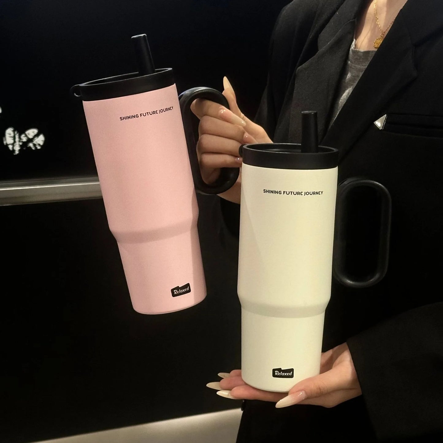 Gobelet isotherme en acier inoxydable 720 ML avec paille et anse, tasse isotherme sous vide pour café glacé, bouteille d'eau portable pour voiture et extérieur