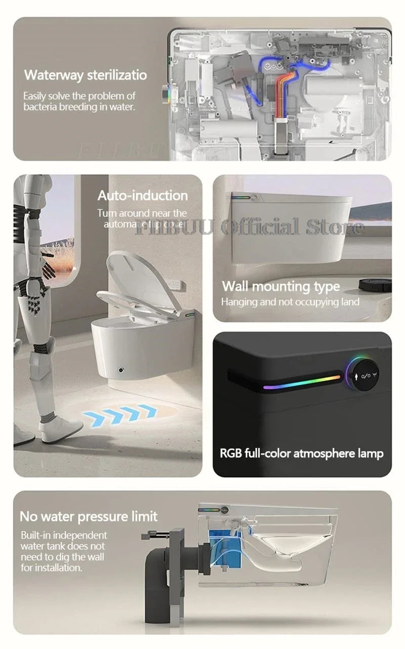 Intelligentes Dusch-WC zur Wandmontage, Smart-WC für das Badezimmer, spülkastenlos, automatisches Öffnen/Schließen, beheizter Sitz, elektrisch, länglich, wandhängend
