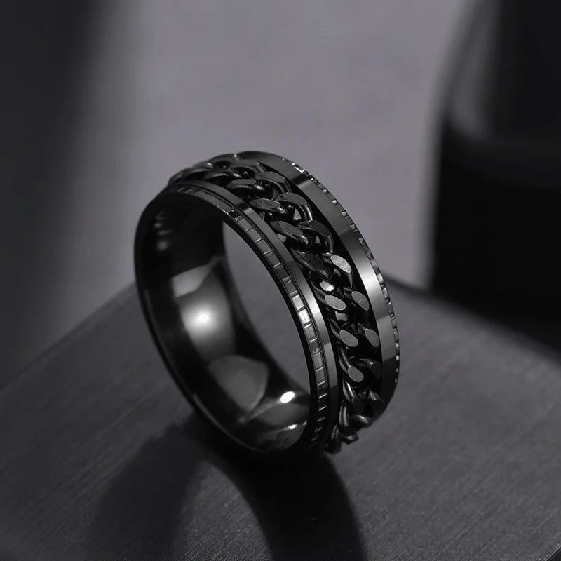 Western Fashion Simple Design Rotatable Chain Ring Silver Black Gold Color Titanium Steel Rings For Men Women