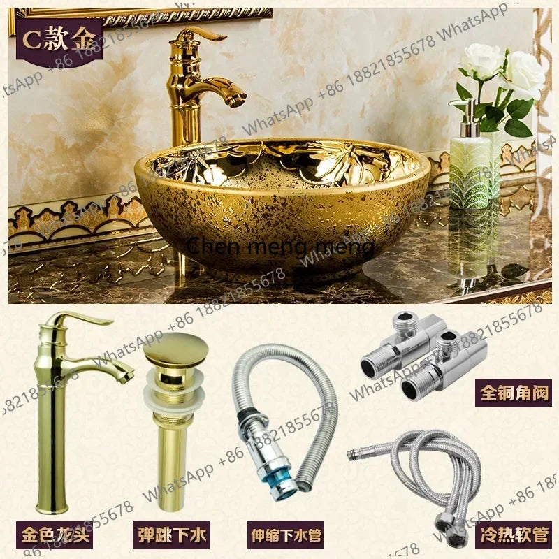 A17 Éviers de Salle de Bain de Luxe Dorés Céramique Maison Lavabo Créatif Toilettes Rondes Au-dessus du Comptoir Simple Salle de Bain Accesoire