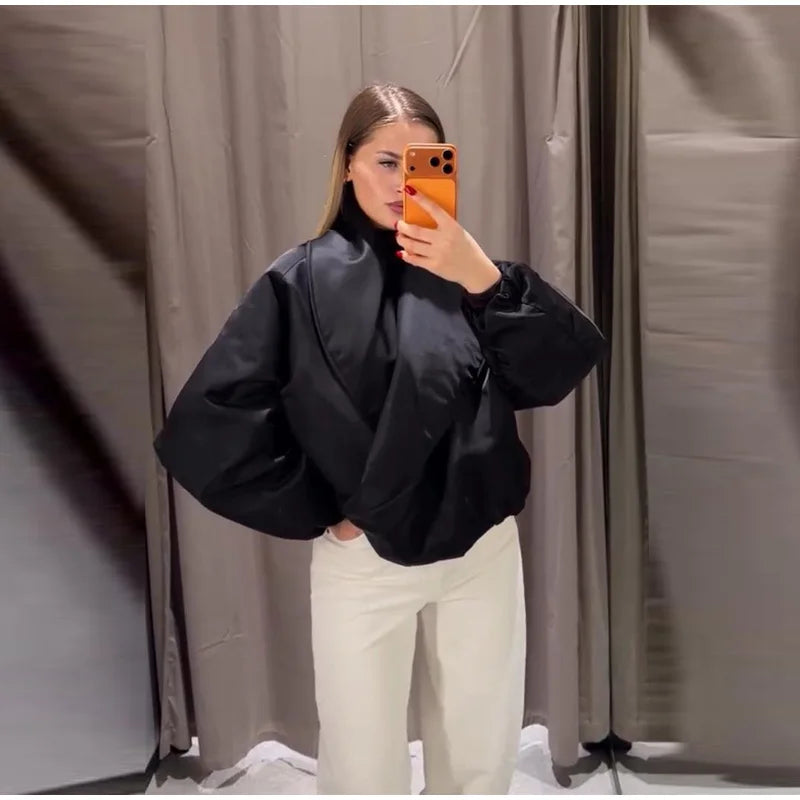 Fashion Y2K Satin Bomberjacke Damen Malve Puffärmel Cropped Reißverschluss Freizeit Jacke 2026 Frühling Lady Chic Street Mäntel Neu