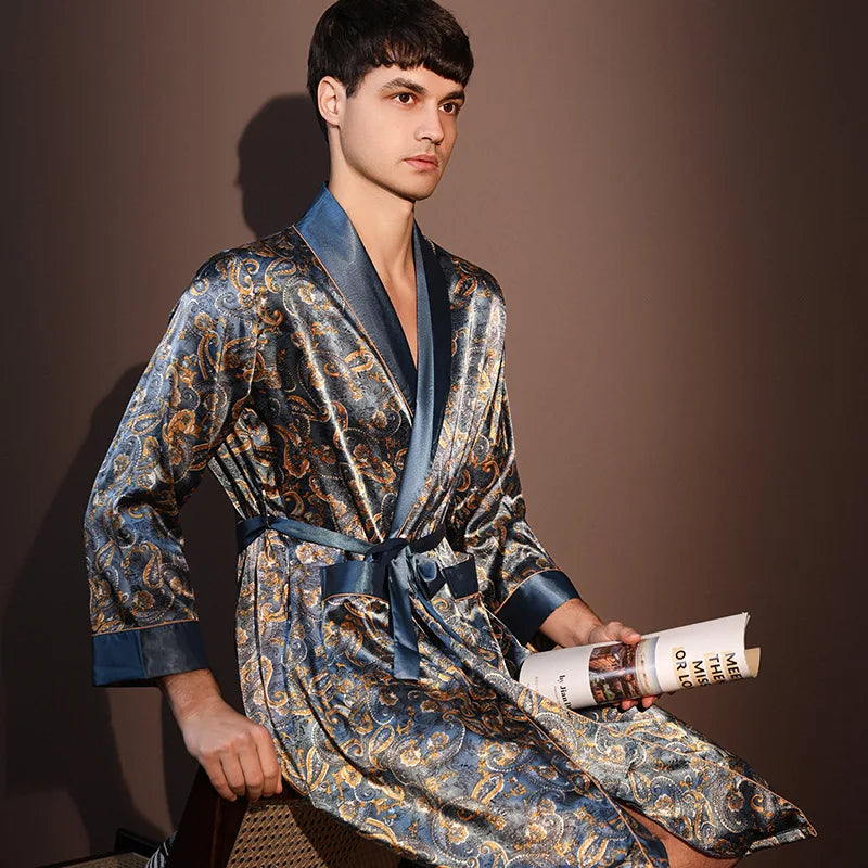 Peignoir d'été fin pour hommes, Robe de nuit de haute qualité, Peignoir une pièce, Vêtements d'intérieur masculins, Pyjama en soie glacée imprimé de grande taille pour homme, printemps