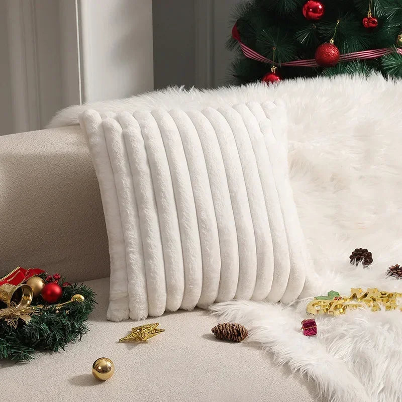 Housse de coussin en fausse fourrure de lapin, housse de coussin moelleuse et douce à rayures, oreillers décoratifs, décoration de luxe pour canapé