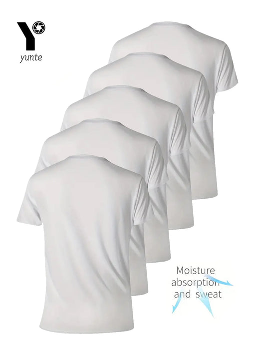 Round Neck T-Shirt 5-Piece White Ultra-Light Men's Quick-Drying Breathable Sweat-Absorbent Shirt Suitable for Fitness Gym and Ru