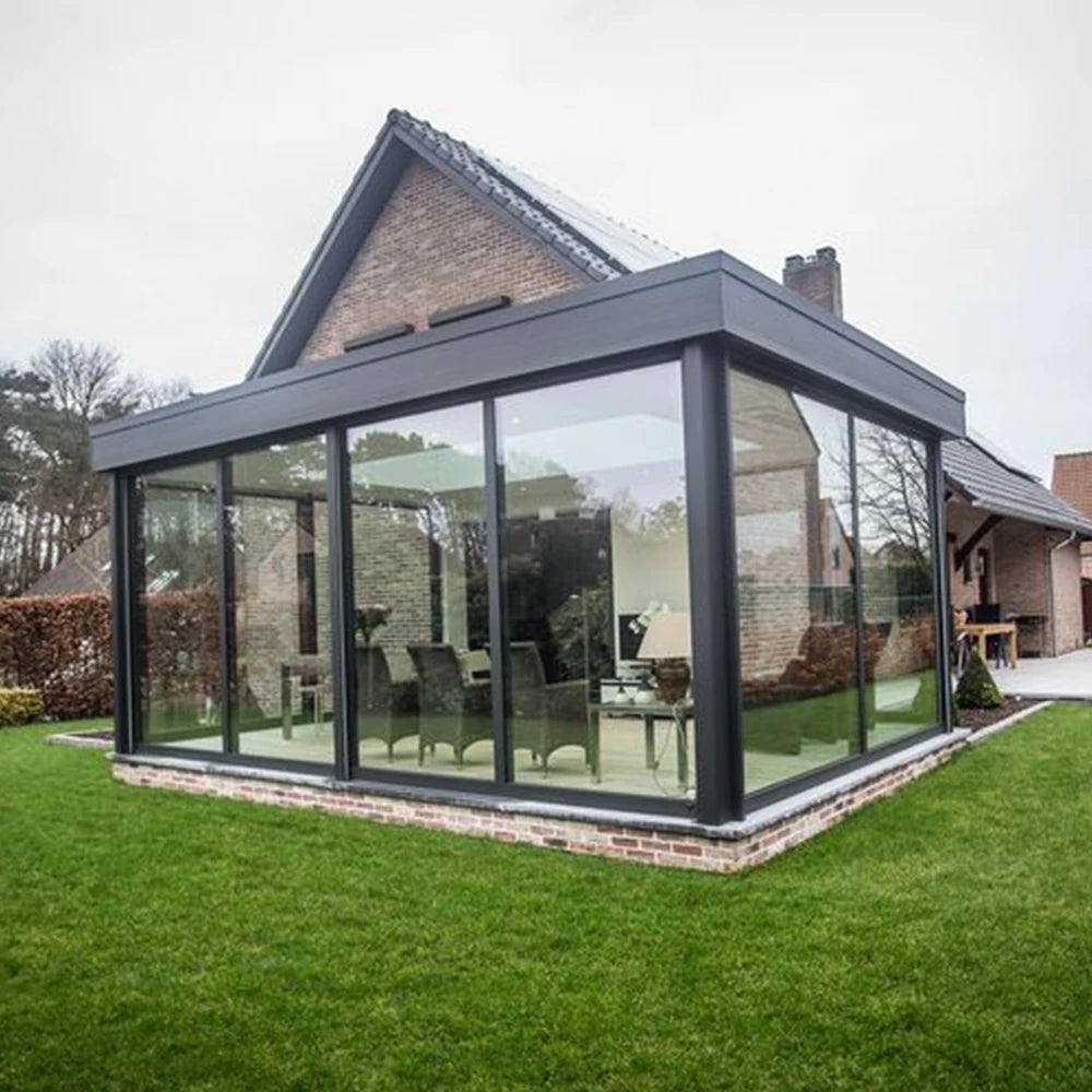 Sommer-Wintergarten-Gewächshaus, Schiebetür, vordere Außentür, Gartenhaus für Büroräume, doppelt verglaste Aluminium-Sonderanfertigung