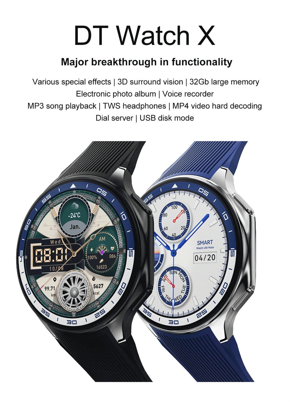 OPPO DT Watch X Montre Connectée Bluetooth avec Appel, 4 Go de Mémoire, Enregistrement, Lecture MP3+MP4, Son Surround Visuel 3D, Smartwatches Homme 2025 Nouveau