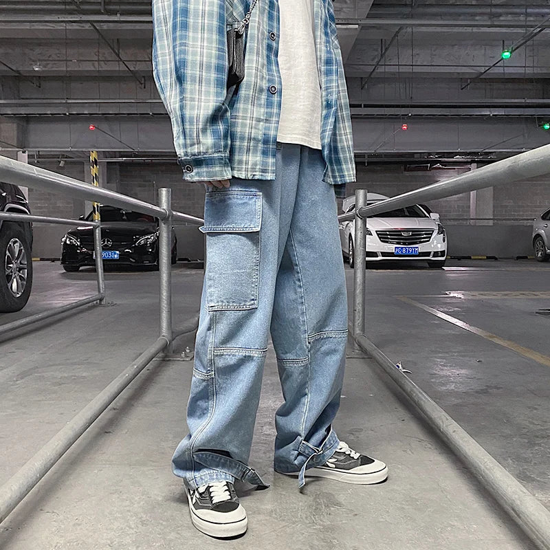 Herren Jeans Weites Bein Denim-Hose Locker Gerade Baggy Herren Jeans Hip Hop Streetwear Skateboard Neutrale Denim Hose Cargo Jeans
