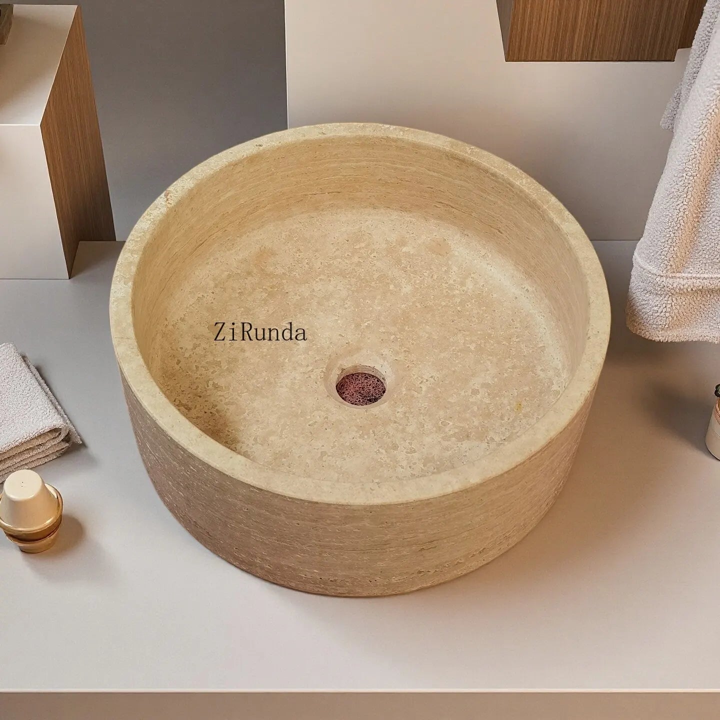 Natürlicher Travertin türkischer Beige zylindrischer Waschtisch Steinplattform Becken einfache Spüle