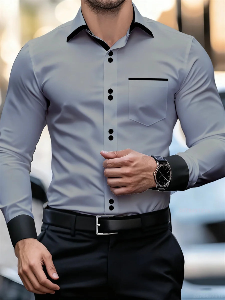 Chemise à manches longues et col color block pour hommes, coupe slim, infroissable, chemise patchwork noire et blanche, haut de mode pour hommes