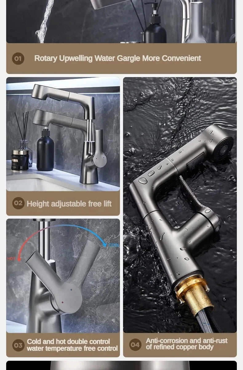 Pull Out Lift Kitchen Faucet 360° Rotatable Bathroom Basin Faucet Stainless Steel Kitchen Sink Faucet with Pull Out Sprayer