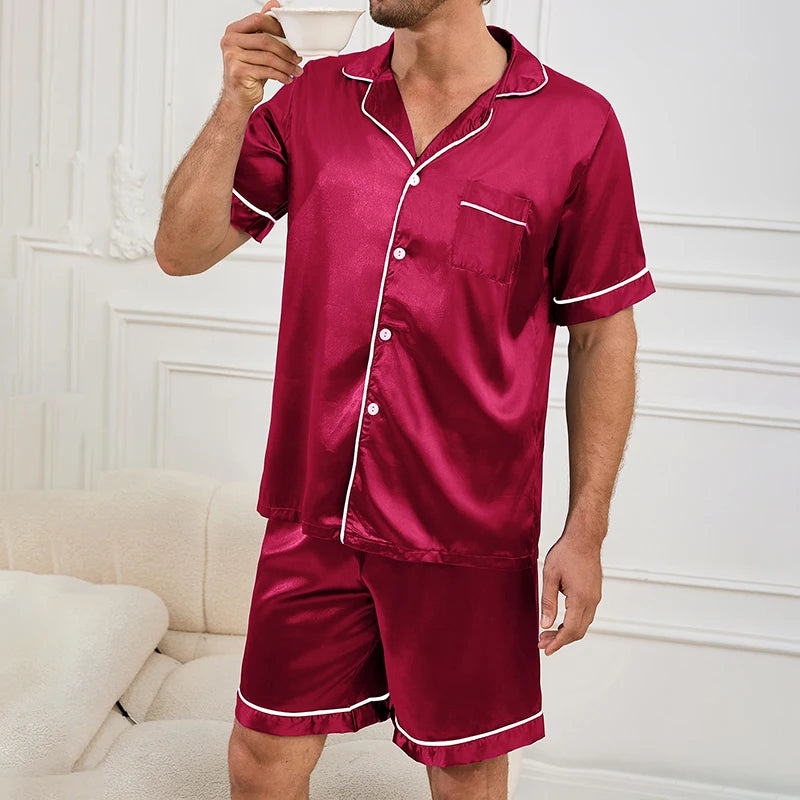 Herren-Pyjama-Set mit Karodruck, Kurzarm-Revers-Oberteil und elastische Shorts, bequem, perfekt für Sommer-Schlafanzüge und Loungewear