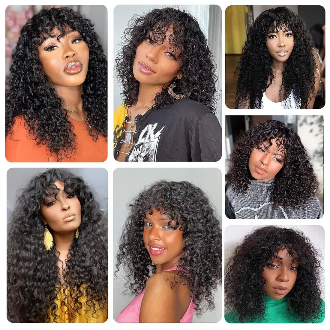 30 Zoll Water Wave Echthaarperücken mit Pony, klebefreie Pony-Perücke, Kinky Curly Bob Perücke mit Pony, vollmaschinell gefertigte Perücke, 180%
