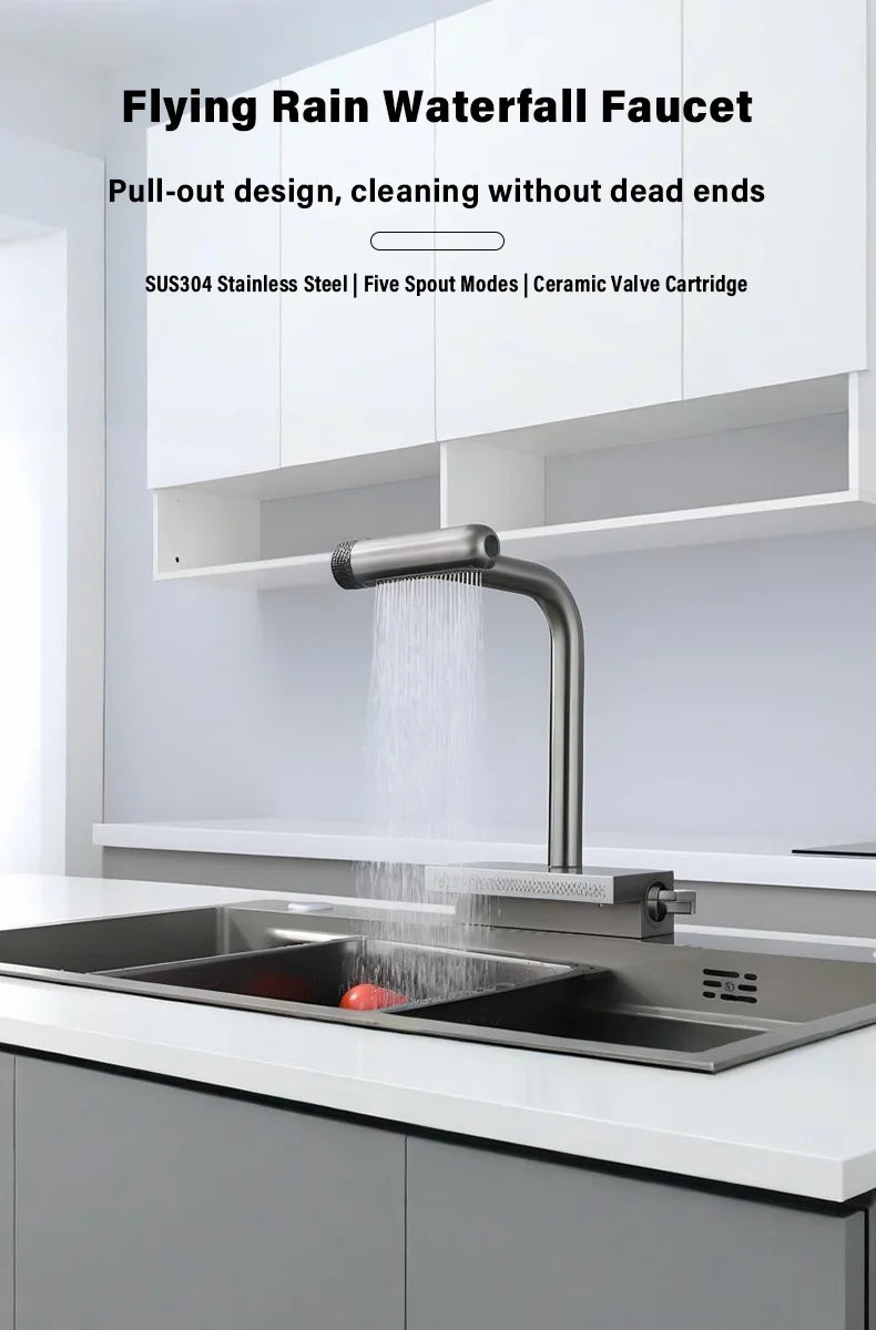 Kitchen pull-out stainless steel faucet, multi-function spout, hot and cold dual control, ceramic valve core