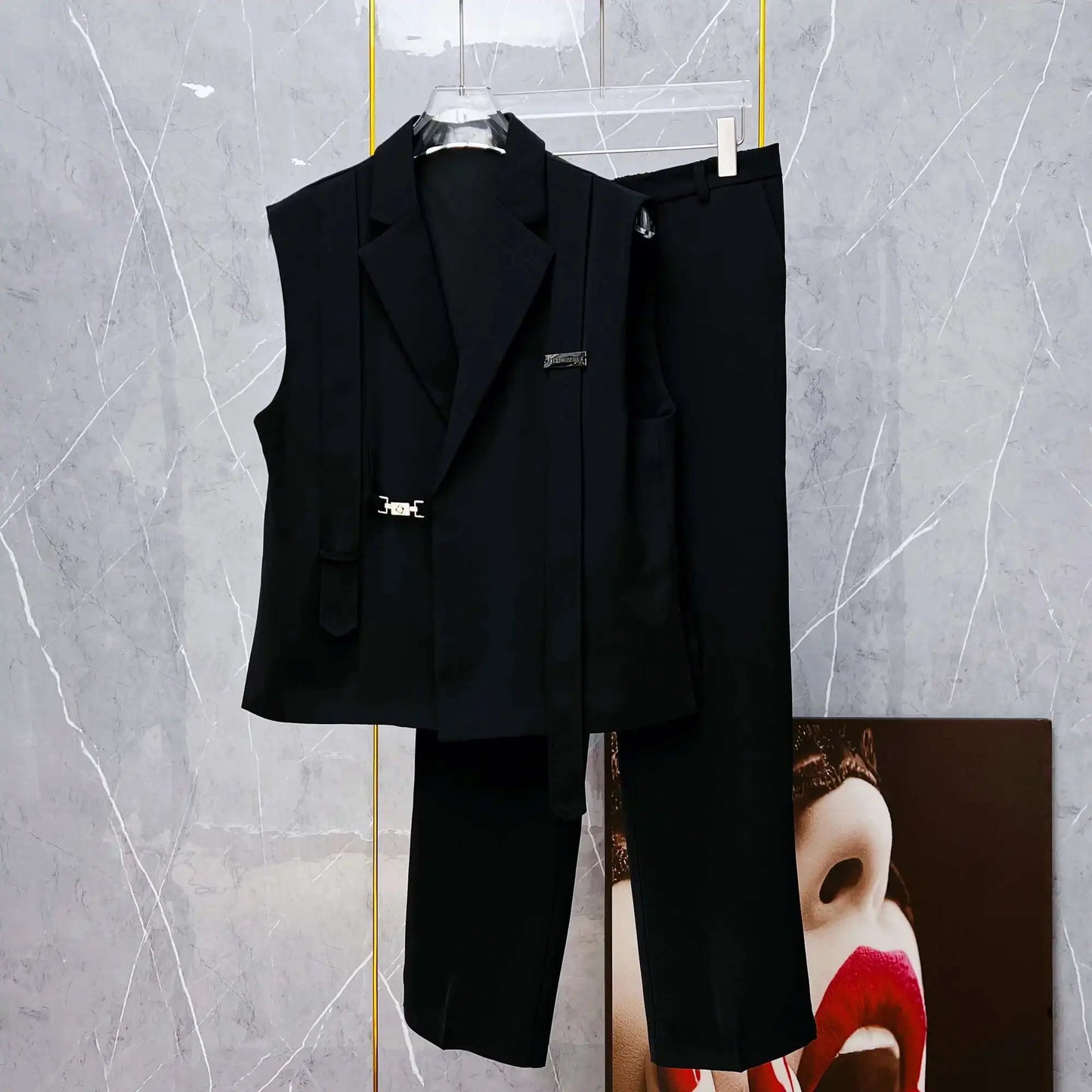 Hose Weste 2-teiliges lockeres Anzugset Büro Business Casual Schwarz Schön Geteilte Träger Herren Oberbekleidung Koreanische Kleidung Metallknopf
