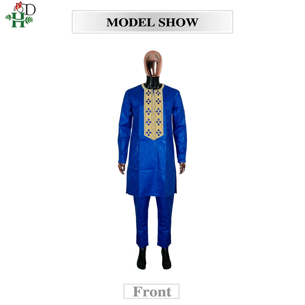 H&D Nouveaux Vêtements Africains pour Hommes Tradition Vêtements Broderie Bleu Ensemble 2 Pièces Haut Pantalon Bazin Musulman Mariage Fête Dashiki