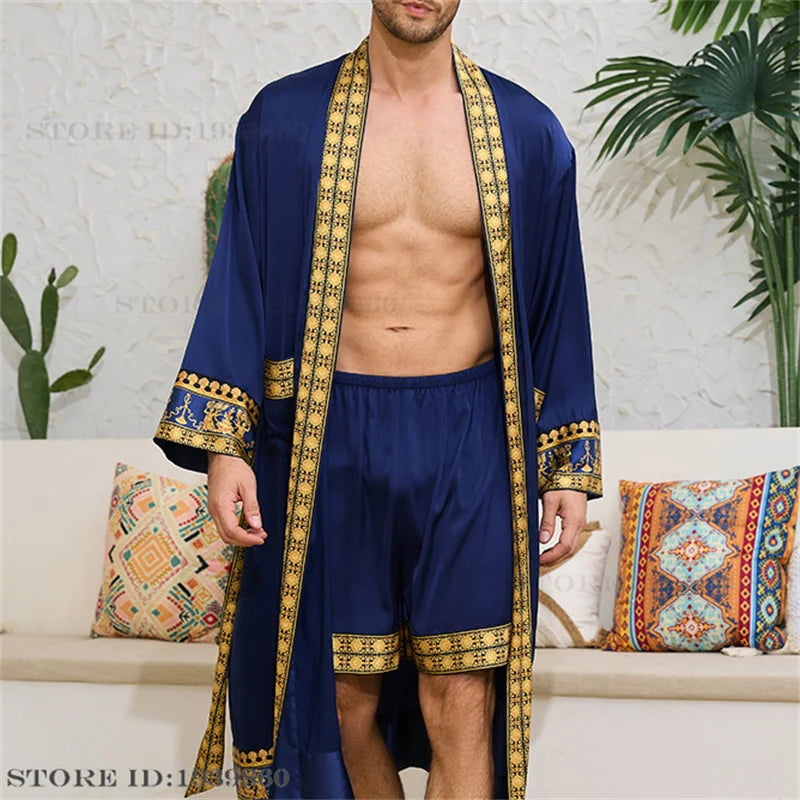 Frühling Sommer Neu Herren Schlafanzug 2-teiliges Roben-Shorts-Set Barockstil Seidensatin Kimono Bademantel Nachthemd Lose Homewear Loungewear