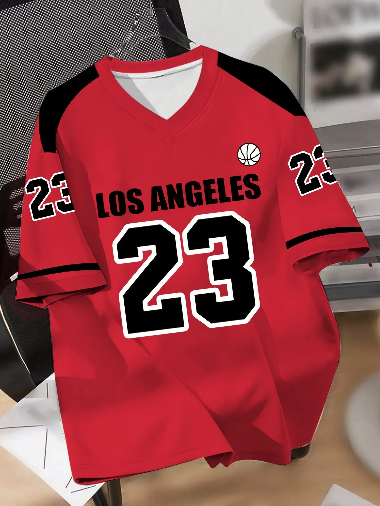 Herren Los Angeles 23 Basketball Trikot V-Ausschnitt Kurzarm Freizeit- und Sport-T-Shirt mit Digitaldruck