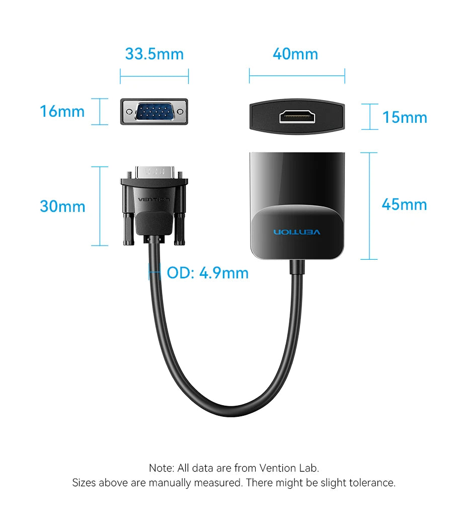 Vention Adaptateur VGA vers HDMI 1080P Convertisseur Mâle VGA vers Femelle HDMI avec Câble Audio et Alimentation USB pour PS4/3 HDTV Convertisseur VGA HDMI