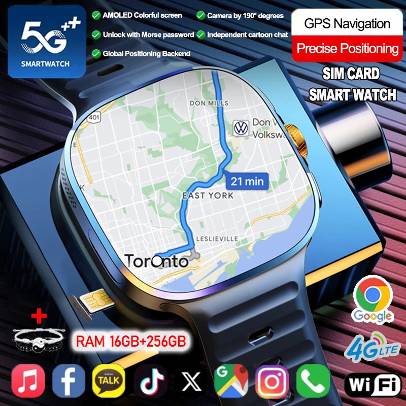 Montre intelligente 5G/4G réseau complet, écran HD 2,4 pouces, appel vidéo, 16 Go+256 Go de RAM, 2100 mAh, Google Play, WIFI, GPS, carte SIM