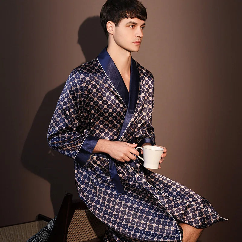 Peignoir d'été fin pour hommes, Robe de nuit de haute qualité, Peignoir une pièce, Vêtements d'intérieur masculins, Pyjama en soie glacée imprimé de grande taille pour homme, printemps