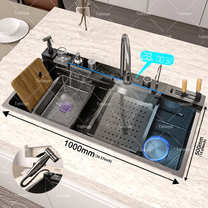 Évier de cuisine en acier inoxydable multifonctionnel avec affichage numérique, cascade, grand bac unique avec égouttoir pour couteaux et vaisselle
