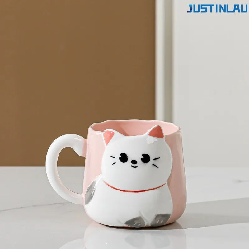 JUSTINLAU Tasse en céramique mignonne avec couvercle et cuillère, motif chat de dessin animé en relief, style japonais, tasse à café émaillée, tasse à thé en céramique